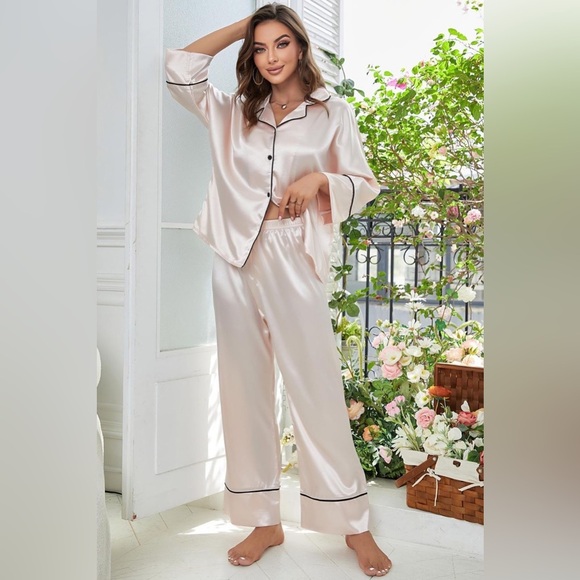 Contrast Piping Button-Up Top and Pants Pajama Set - Picture 8 of 13